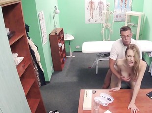 Mischievous blonde babe sucks doctor's cock and gets screwed on the table